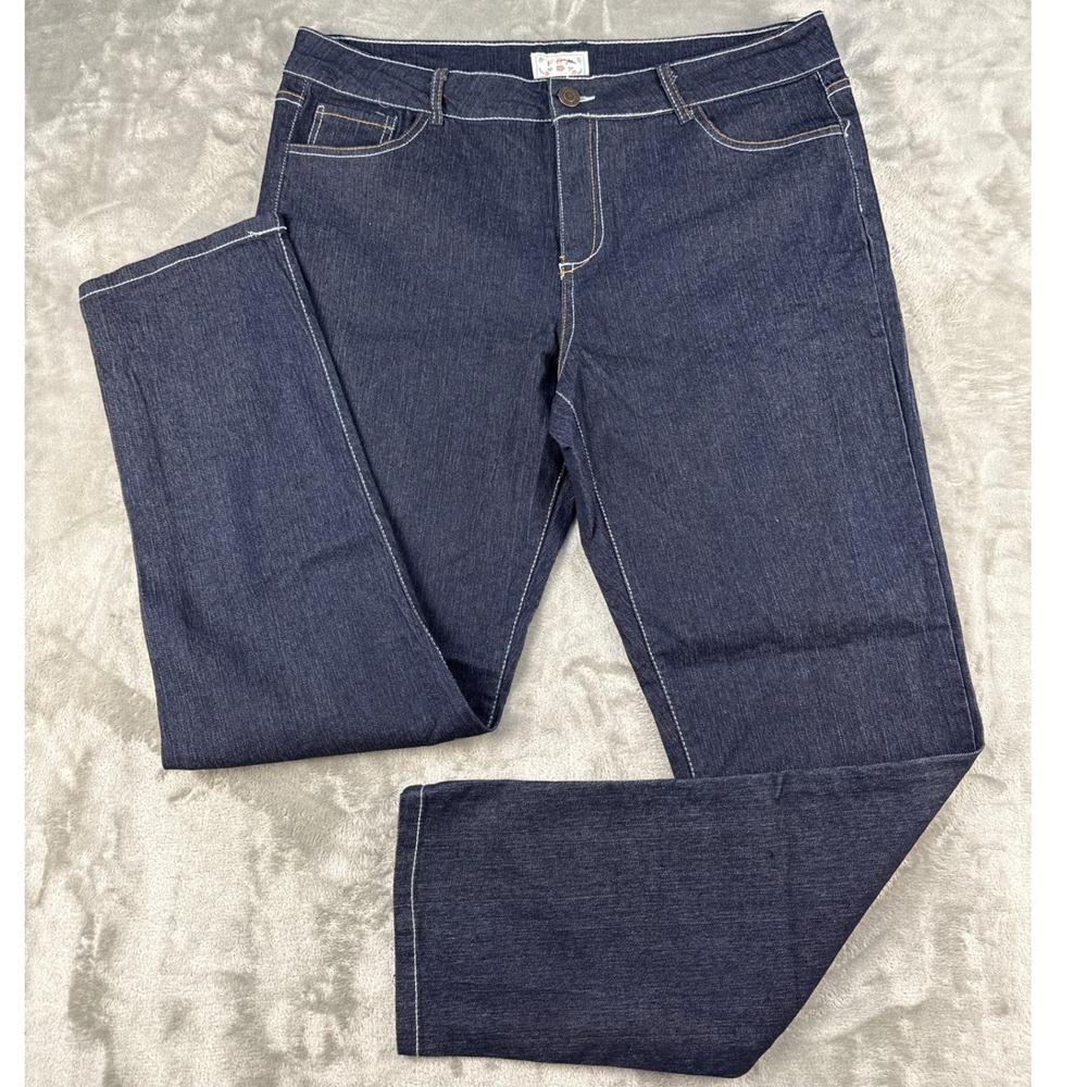 F&F Womens Dark Wash Contrast Stitch Straight Leg Jeans Indigo Blue Size 16